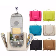 an open toiletry bag with various items in it and the contents inside are lined up