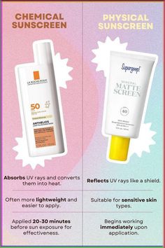 Looking for the right protection for sun-safe skin? From mineral to chemical, find out which sunscreen suits your skin best. Click here for more tips. Best Drugstore Sunscreen, Medical Aesthetician, Spf Face, Safe Sunscreen, Toxic Skincare, Physical Sunscreen, Chemical Sunscreen, Perfect Skin Care Routine, Acne Solutions