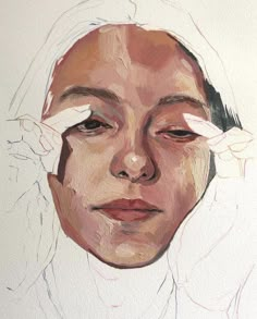 an oil painting of a woman's face with two pieces of paper stuck to her forehead