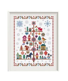 a cross stitch christmas tree on a white background with snowflakes and other holiday decorations