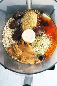 ingredients in a food processor to make peanut butter and raisins for breadcrumbs