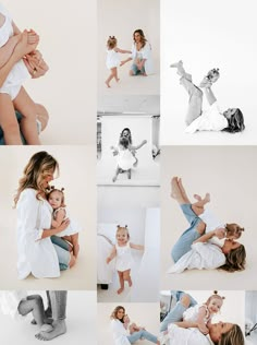 a woman holding a baby while sitting on top of a bed