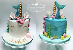 two cakes decorated to look like unicorns and mermaid tails