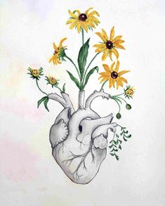 a drawing of a heart with flowers in it's center and yellow daisies on the side