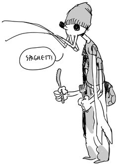 a drawing of a man holding a toothbrush in his hand with the word spaghetti written on it