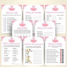 six baby shower games with pink and white designs on the front, one is for a girl