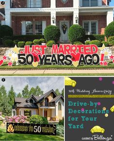 this is an advertisement for a 50th wedding anniversary party in front of a large house