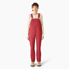 Dickies Women's Double Front Bib Overalls are a must-have staple in your workwear wardrobe. Made of cotton-blend denim and duck fabrics, enjoy utter comfort and mobility throughout the day. The overalls also have reinforced double front panels, and even offer space for knee pads. Other features include a straight leg style, utility loop, and an impressive array of pockets (a whopping 11 in total!), including a secure zippered bib pocket, hidden back pocket, and three tool pockets. Functionality Dickies Striped Overalls Outfit, Fitted High-rise Overalls With Pockets, Affordable Red Cotton Overalls, Red Overall Jumpsuit With Pockets, Red Bib Front Overalls With Pockets, Workwear Wardrobe, Dickies Women, Red Ochre, Bib Overalls