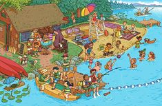 an image of a cartoon scene with people on the beach and in the water,