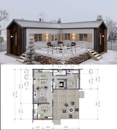 the floor plan for a small house with an open living room and dining area in it