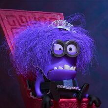 an animated character with purple hair wearing a tiara and sitting on a red chair