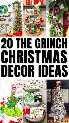 the grinch christmas decor ideas collage is featured in this postcard style photo