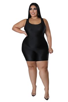 Stretch romper U neckline Sleeveless No closure 89% polyester 11% spandex Hand wash cold Model is wearing a 2X Stretch Sleeveless Shapewear Jumpsuits And Rompers, Sleeveless Stretch Shapewear Jumpsuit, Stretch Sleeveless Shapewear Jumpsuit, Black Sleeveless Shapewear Tank Top, Sleeveless Black Unitard For Night Out, Black Sleeveless Unitard For Night Out, Black Compressive Sleeveless Unitard, Plus Size Gray Romper, Black High-waist Elastane Jumpsuits And Rompers