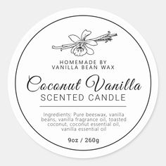 a white round sticker with the words coconut vanilla scented candle in black and white