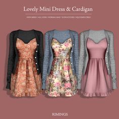 three dresses and cardigans are shown on a pink background with the words lovey mini dress & cardigan