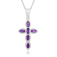 Ross-Simons - .80ct t. w. Amethyst Cross Pendant Necklace in Silver. 18". Expressive .80 ct. t. w. marquise amethysts adorn this beautiful cross pendant necklace, set in polished sterling silver and suspended from a cable chain. For a person of faith, it would make a special signature February birthstone piece or gift for a religious milestone. Springring clasp, amethyst cross pendant necklace. Amethyst birthstones are the perfect gift for February birthdays. Formal Gemstone Cross Pendant Jewelry, Silver Gemstone Cross Necklace, Silver Crystal Cross Pendant Necklace, Silver Cross Jewelry, Purple Amethyst Cross Necklace, Nickel-free Sterling Silver Cross Pendant Jewelry, Amethyst Birthstone, Necklace Amethyst, Detailed Necklace