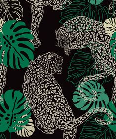 leopards and tropical leaves on a black background