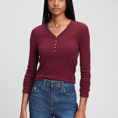 Crafted From Soft, Ribbed Fabric, This Henley Features A Classic Button-Down Neckline, Adding A Touch Of Timeless Appeal To Your Casual Wardrobe. The Rich Red Hue, Aptly Named "Red Delicious," Brings A Pop Of Color That's Both Vibrant And Versatile. Soft, Stretch Ribbed Knit. Long Sleeves. Henley Button-Front Placket Cotton Blend Size: Small Measurement When Lays Flat: Shoulder 15", Chest 30", Waist 28", Hips 28", Length 24", Sleeves 24" Condition: New With Tags "Please View Pictures For Specifi Henley T Shirt, View Pictures, Ribbed Fabric, Casual Wardrobe, Ribbed Knit, Color Pop, Long Sleeve Tees, Cotton Blend, Long Sleeves