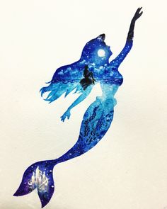 a watercolor drawing of a mermaid holding a starfish in her right hand and floating on the water