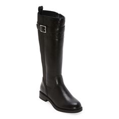 These St. John's Bay women's Winterwood riding boots are a chic must-have for your seasonal wardrobe. Crafted from faux leather with a rubber sole, they feature a closed plain toe, a wide calf with a side buckle detail, a flat heel, and memory foam insoles ensuring all-day comfort. Wear yours with jeans and sweater dresses. Features: Memory FoamClosure Type: Side Zipper, BuckleFootwear Technology: Memory Foam InsoleShaft Circumference: 16 InchesBoot Shaft Height: 14 1/2 InchesShoe Heel Height: 1 Wide Calf Riding Knee-high Boots For Winter, Winter Riding Knee-high Boots With Round Toe, Medium Width Knee-high Moto Boots For Work, Knee-high Moto Boots For Work, Medium Width, Fall Riding Moto Boots Medium Width, Fall Riding Moto Boots, Knee-high Riding Boots With Buckle Closure, Jeans And Sweater, Seasonal Wardrobe