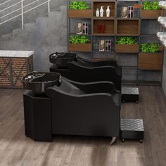 an image of a hair salon setting with chairs and shelves full of plants on the wall