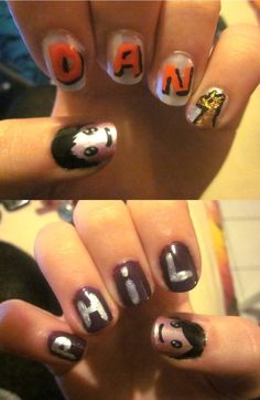 two pictures of someones nails with halloween decorations on them, one is black and the other is white