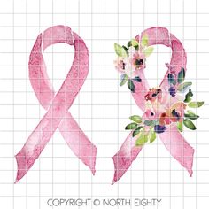 a pink ribbon with flowers on it and the words copyright north eighty written in white