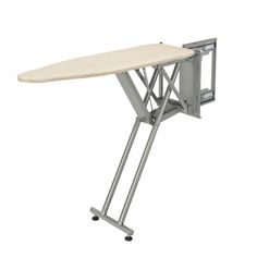 an ironing board on top of a metal stand with wheels and no sheets attached to it