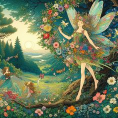 a painting of a fairy with flowers on her body and two other people in the background