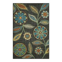 an area rug with colorful flowers and leaves on the side, in black background for use as a wall hanging or floor covering