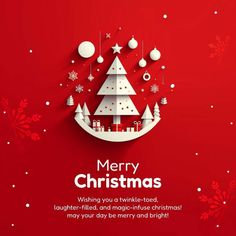 merry christmas card with white paper cut trees and snowflakes on red background, text reads wishing you a twinkle - led together