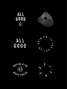 four different logos on a black background with white letters and numbers that spell out all good