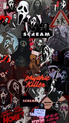 a collage of various stickers and decals on a red background with the words scream written below them