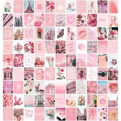 a collage of pink and white pictures with hearts, flowers, buildings, and other things