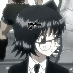 an anime character with black hair and glasses in front of another character wearing a suit