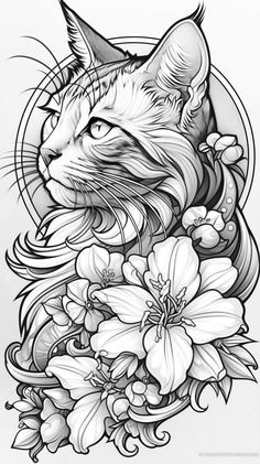 a black and white drawing of a cat with flowers on it's chest,