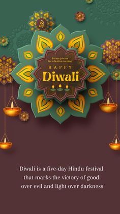 happy diwali festival card with hanging lamps and flowers on the wall in front of it