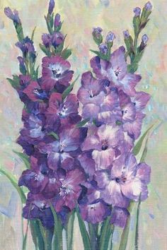 a painting of purple flowers in a vase