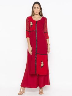 2 Coloured Red And Maroon Georgette Straight Cut Panelled Kurta.. Three Quarters Sleeves With Black Sequence Detailing At Panel Edges Hand Embroidery On Neckline And Hemline. Kurti Party Wear, Edge Embroidery, Long Kurti, Red Sequin, Shades Of Black