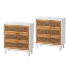 two white and wood nightstands with drawers on each side, one is made out of rattan