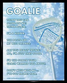 a tennis racquet with the words goalie written on it in front of a blue sky