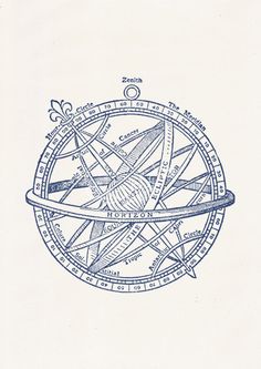 a blue and white drawing of a compass