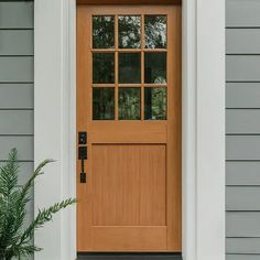 a wooden door on the side of a gray house with potted plant in front