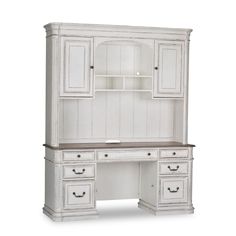 an old white desk with drawers and cupboards on the top, in front of a white background