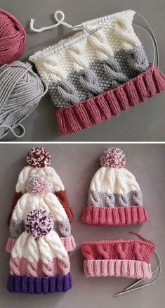 two pictures of hats and knitting needles on the same table, one is knitted in different colors