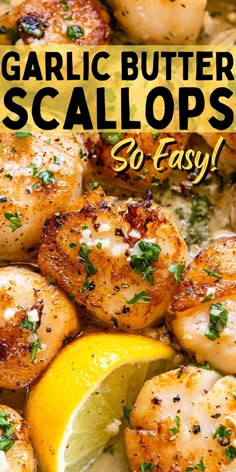 garlic butter scallops in a skillet with lemon wedges