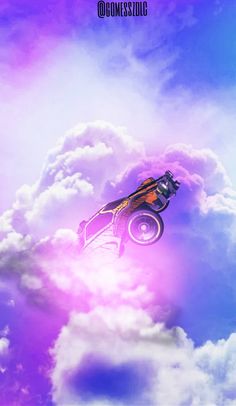 a car flying through the air with clouds in the background