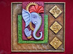 an elephant is painted on the side of a wooden plaque with gold letters and symbols