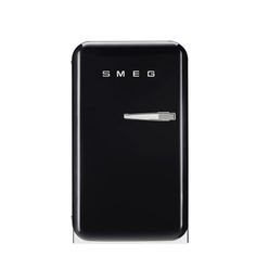 an old black refrigerator with the word smeg on it