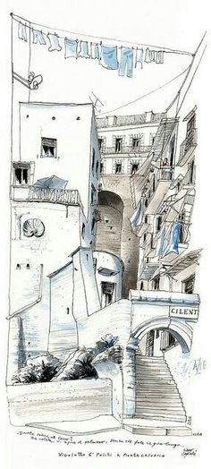 an ink drawing of some buildings and stairs